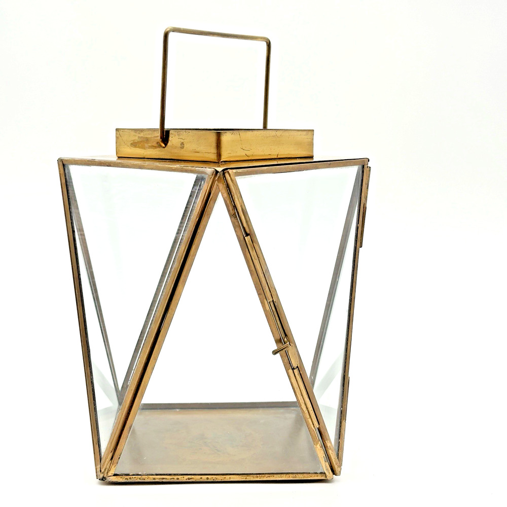 Brass Glass Terrarium Candle Holder Lantern Table Top Opens 8" Tall